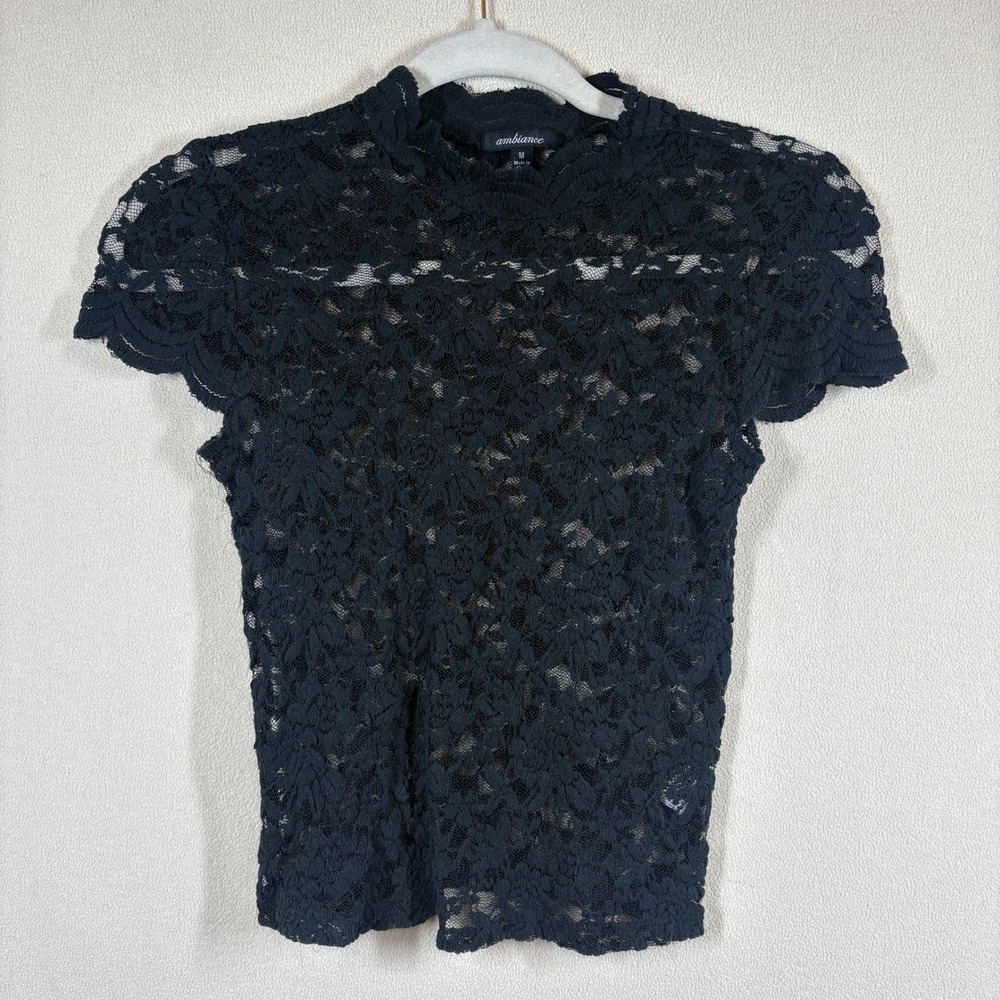 Ambiance Fairy Grunge Sheer Floral Lace Top Size M Black Whimsigoth Witchy READ
